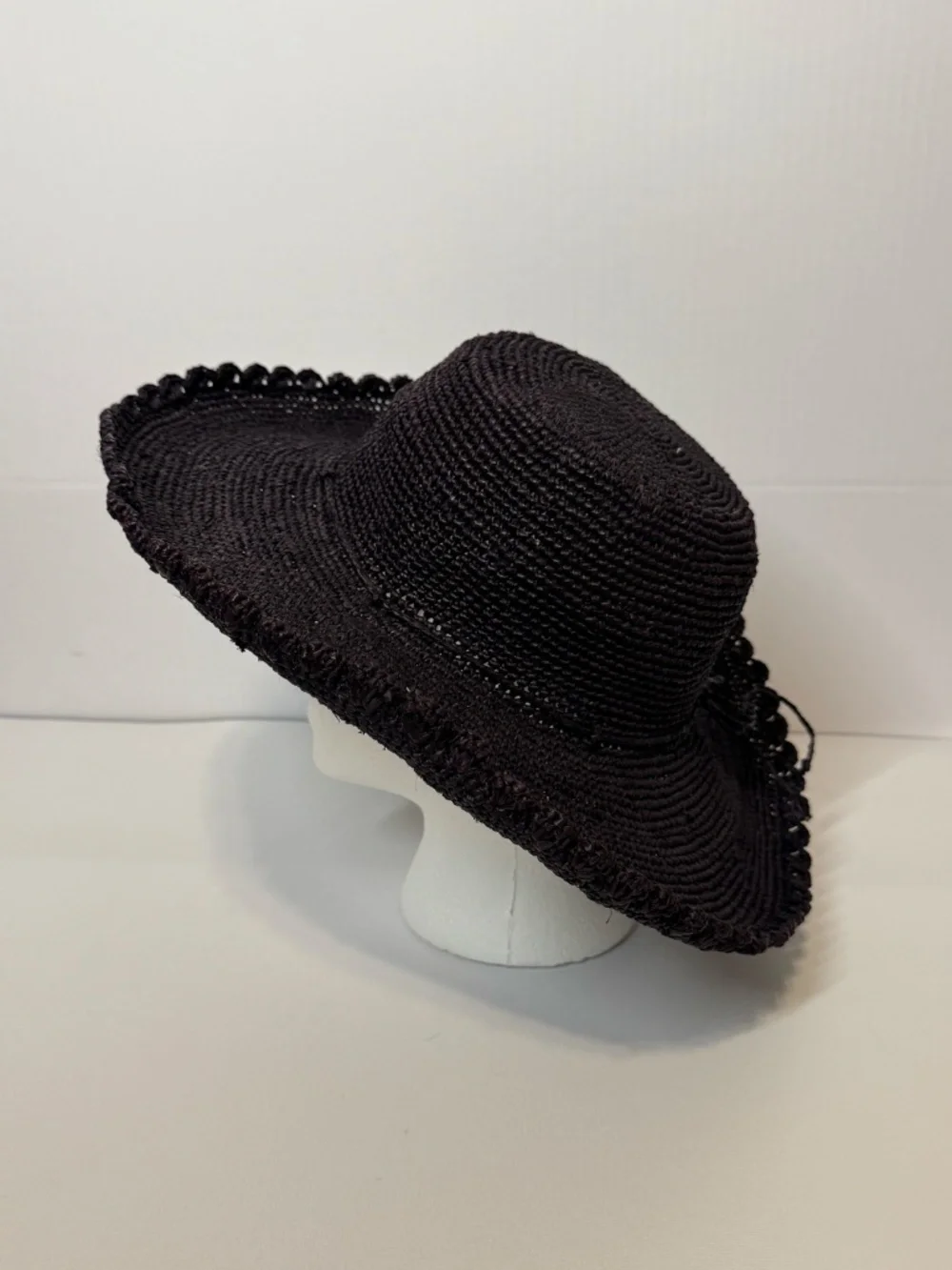 SHEBOBO Handmade Madagascar Raffia Wide Brim Sun Hat Black Boho Beach